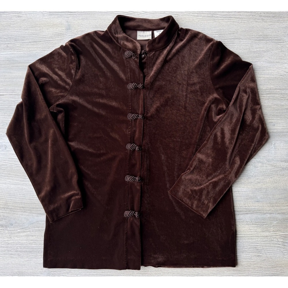 Paradox Vintage 90s Brown Velvet Mandarin Collar Frog Closure Blouse Top Missy M